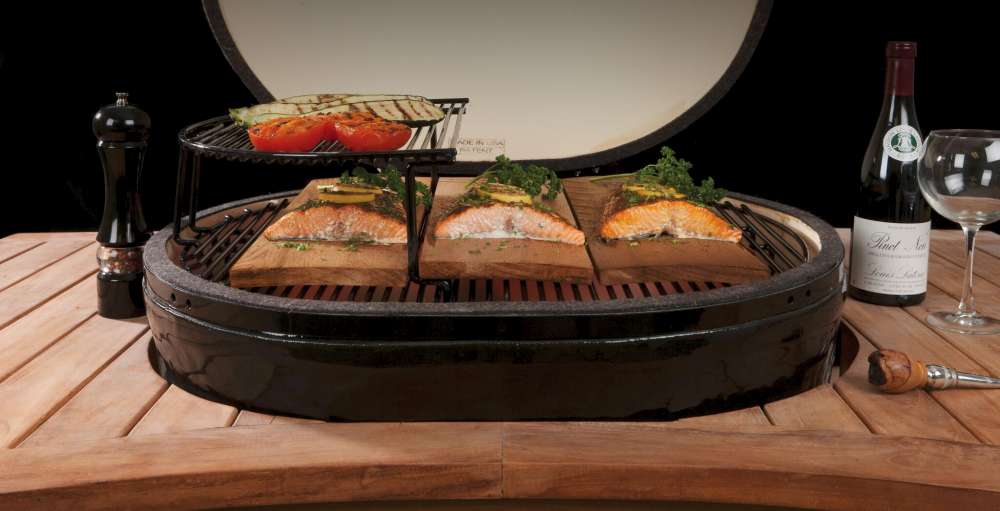 Salmon grilling on a Primo Ceramic Grill