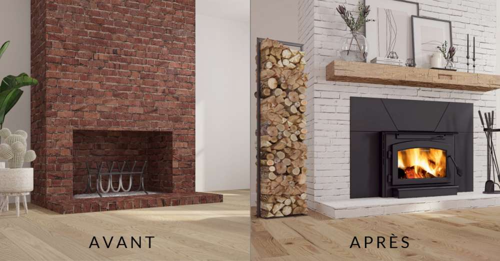Avant - après Vieux foyer en brique ouvert vs encastrable au bois Outlander 19i par Ambiance Foyers et grils. Peut-on réparer une vielle cheminée?