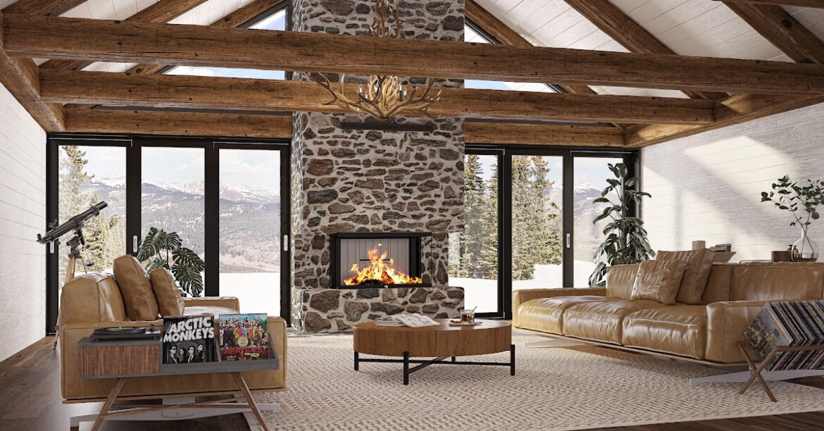 An Ambiance® Luxus brand fireplace burning in the living room of a mountain cabin in the winter
