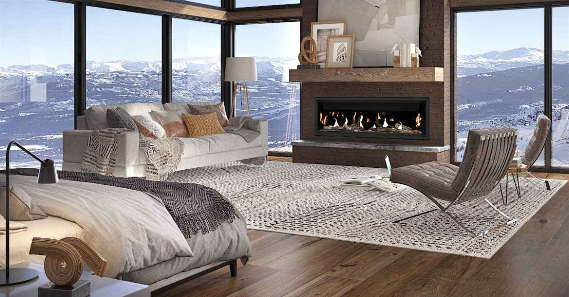 A beautiful bedroom with a view on the mountains and a gas fireplace