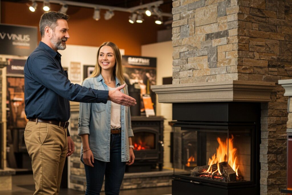 A salesman showing a woman a fireplace with stone mantel and brick surround in a specialty store