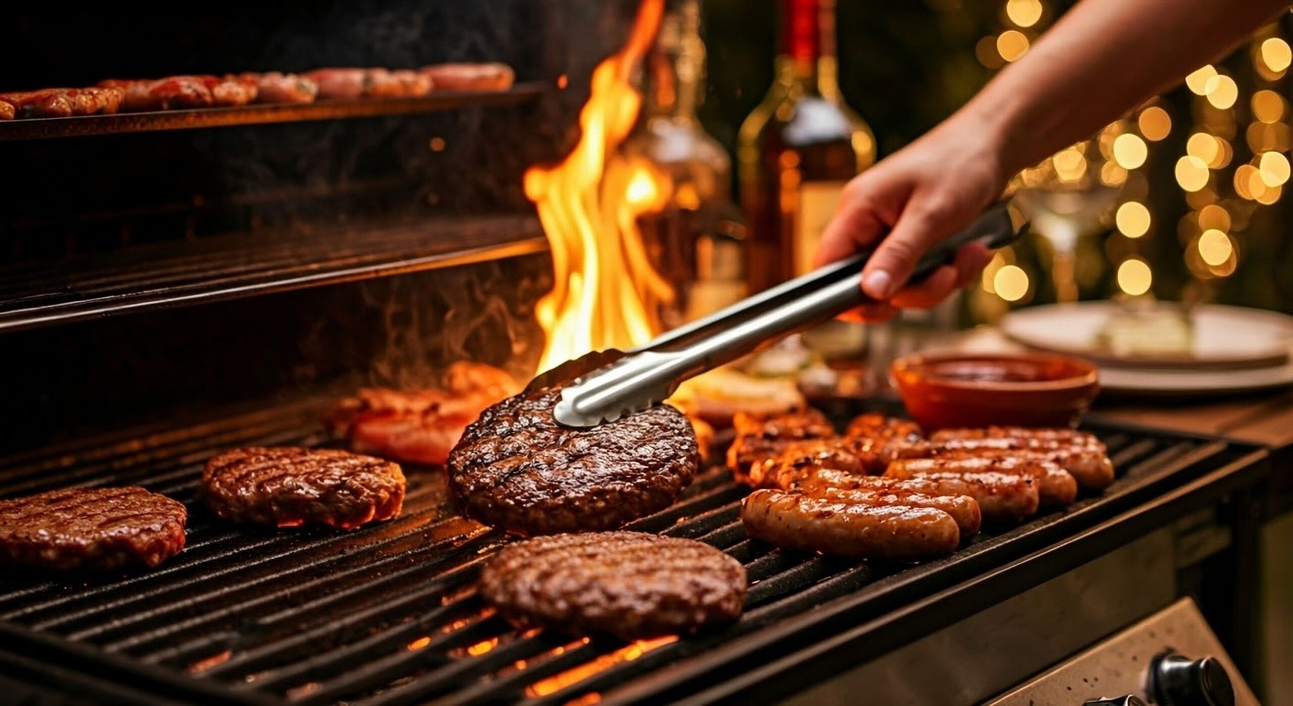 Hand flipping a burger patty with tongs over an open-flame BBQ grill, surrounded by sausages